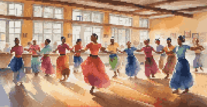A diverse group of people of different ages participating in a folk dance workshop in a bright community center, showcasing lively expressions and colorful decorations.