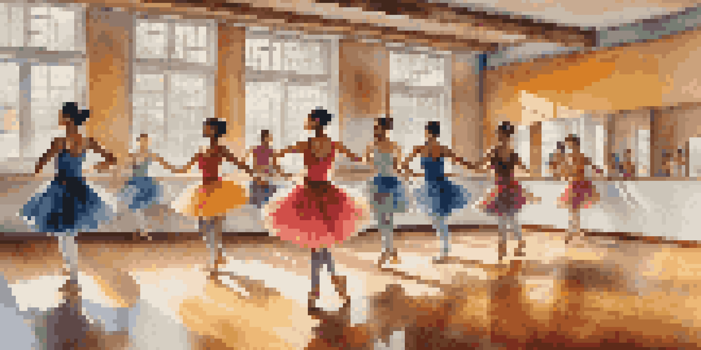A bright dance studio with dancers of various styles and colorful costumes practicing their movements.