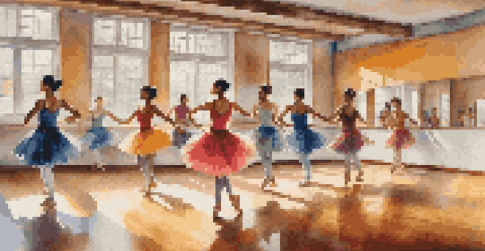 A bright dance studio with dancers of various styles and colorful costumes practicing their movements.