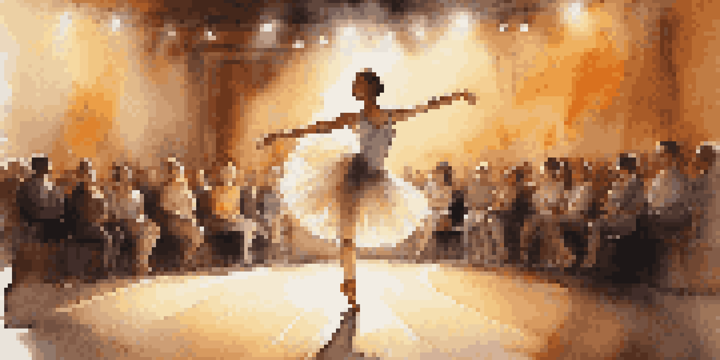 A dancer performing on stage with a spotlight, surrounded by a small, supportive audience, capturing an intimate moment of encouragement.