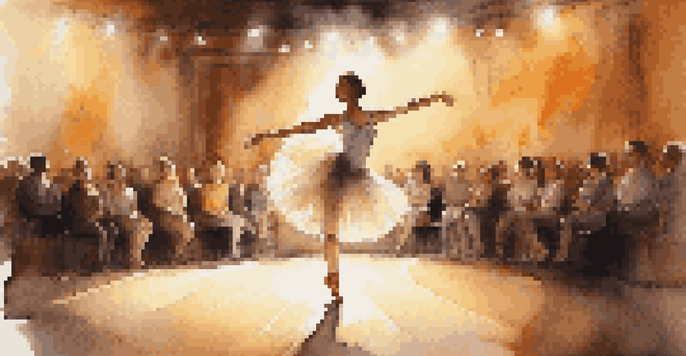 A dancer performing on stage with a spotlight, surrounded by a small, supportive audience, capturing an intimate moment of encouragement.