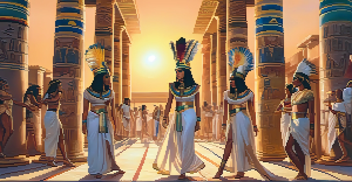 An ancient Egyptian dance ceremony with dancers in colorful costumes, moving gracefully against a backdrop of hieroglyphic-decorated pillars during sunset.