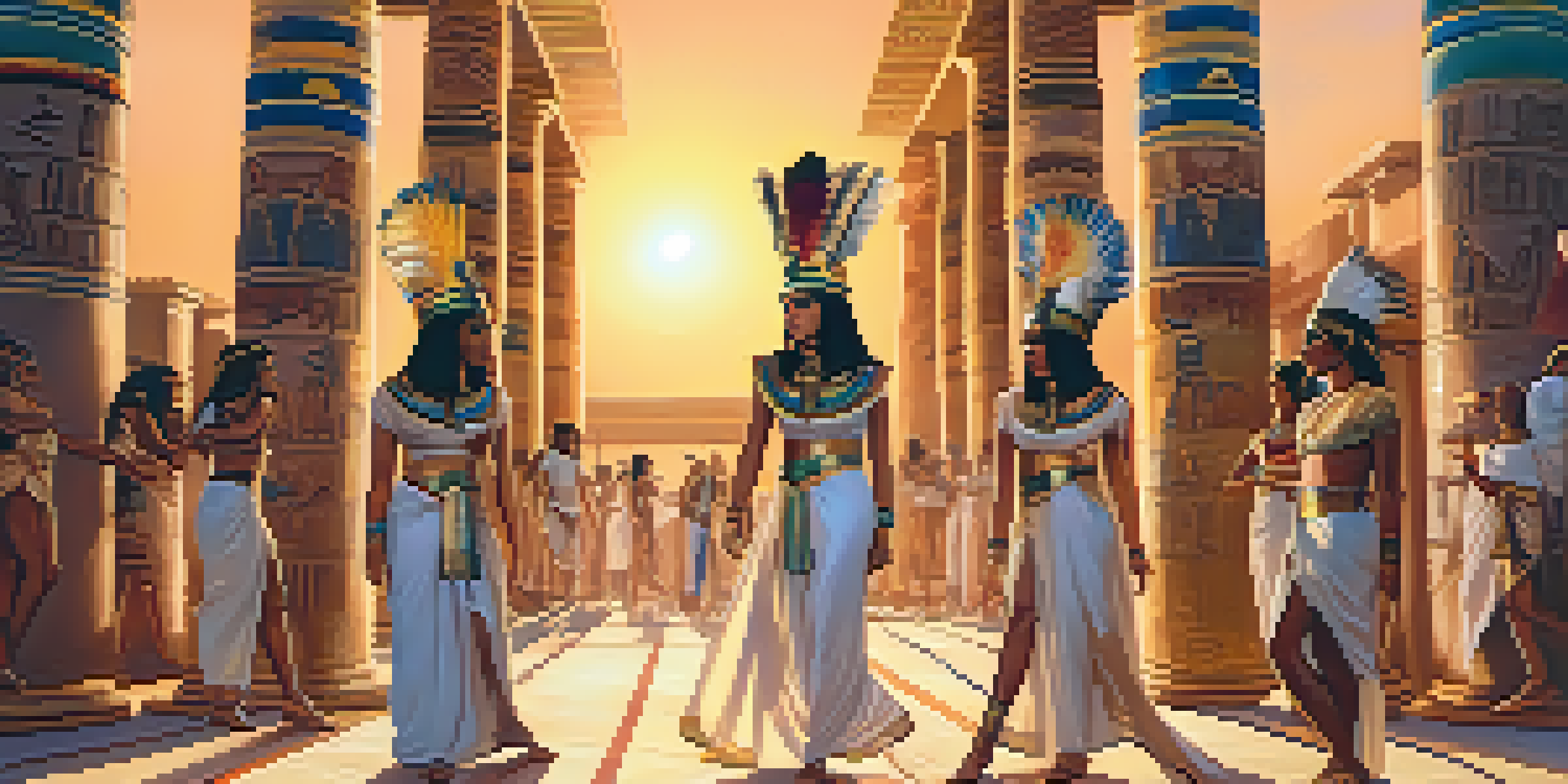 An ancient Egyptian dance ceremony with dancers in colorful costumes, moving gracefully against a backdrop of hieroglyphic-decorated pillars during sunset.