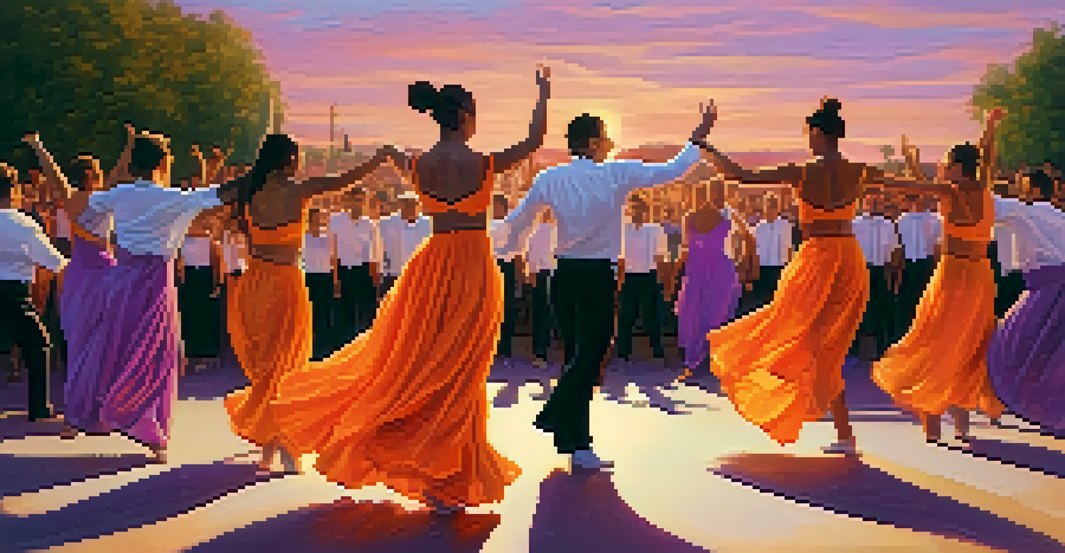 An outdoor dance performance at sunset, featuring dancers of various genders moving gracefully, with a colorful sky as the backdrop and an engaged audience.