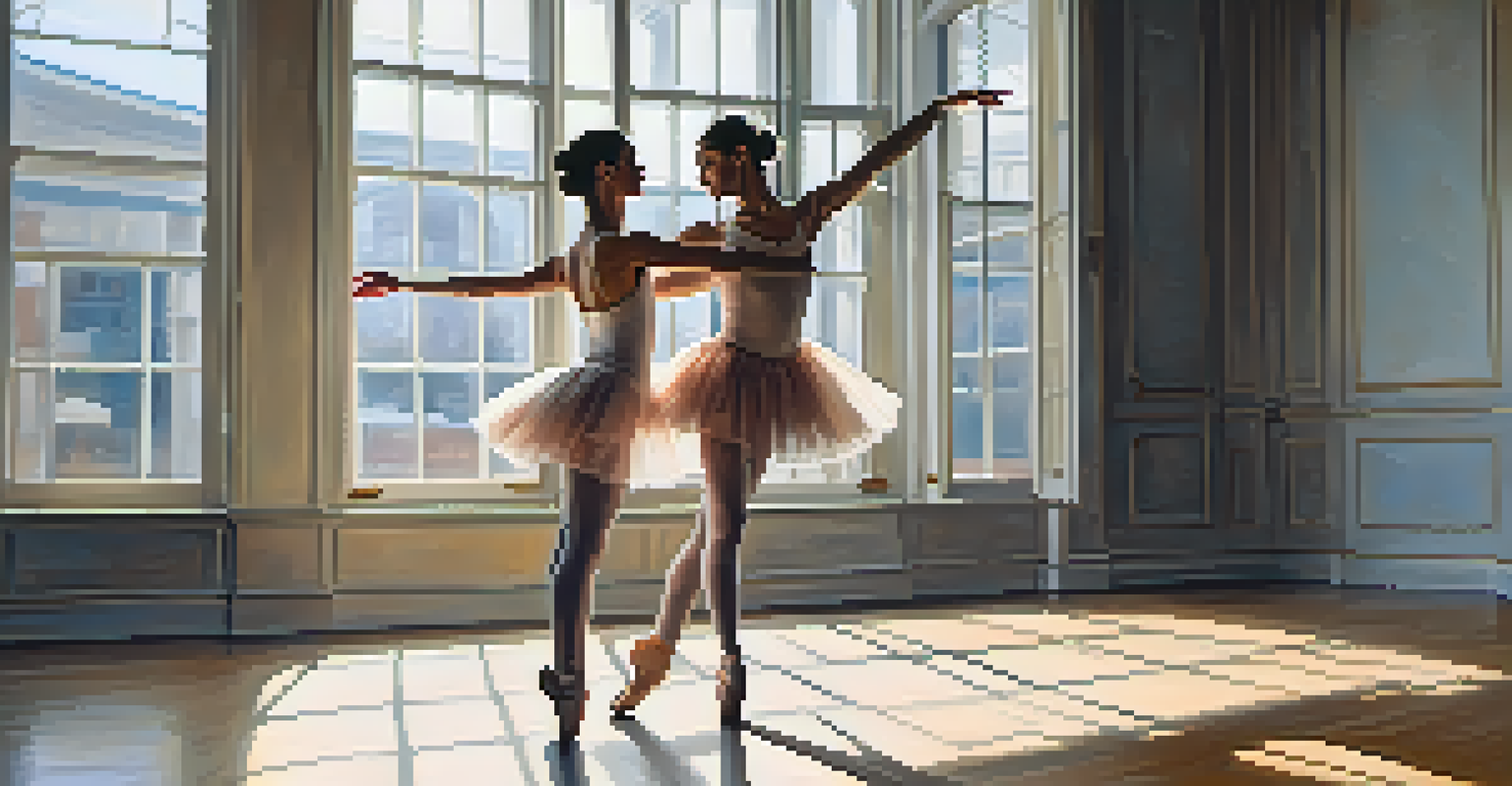 Two ballet dancers in a studio performing a duet, highlighting intimacy and connection.