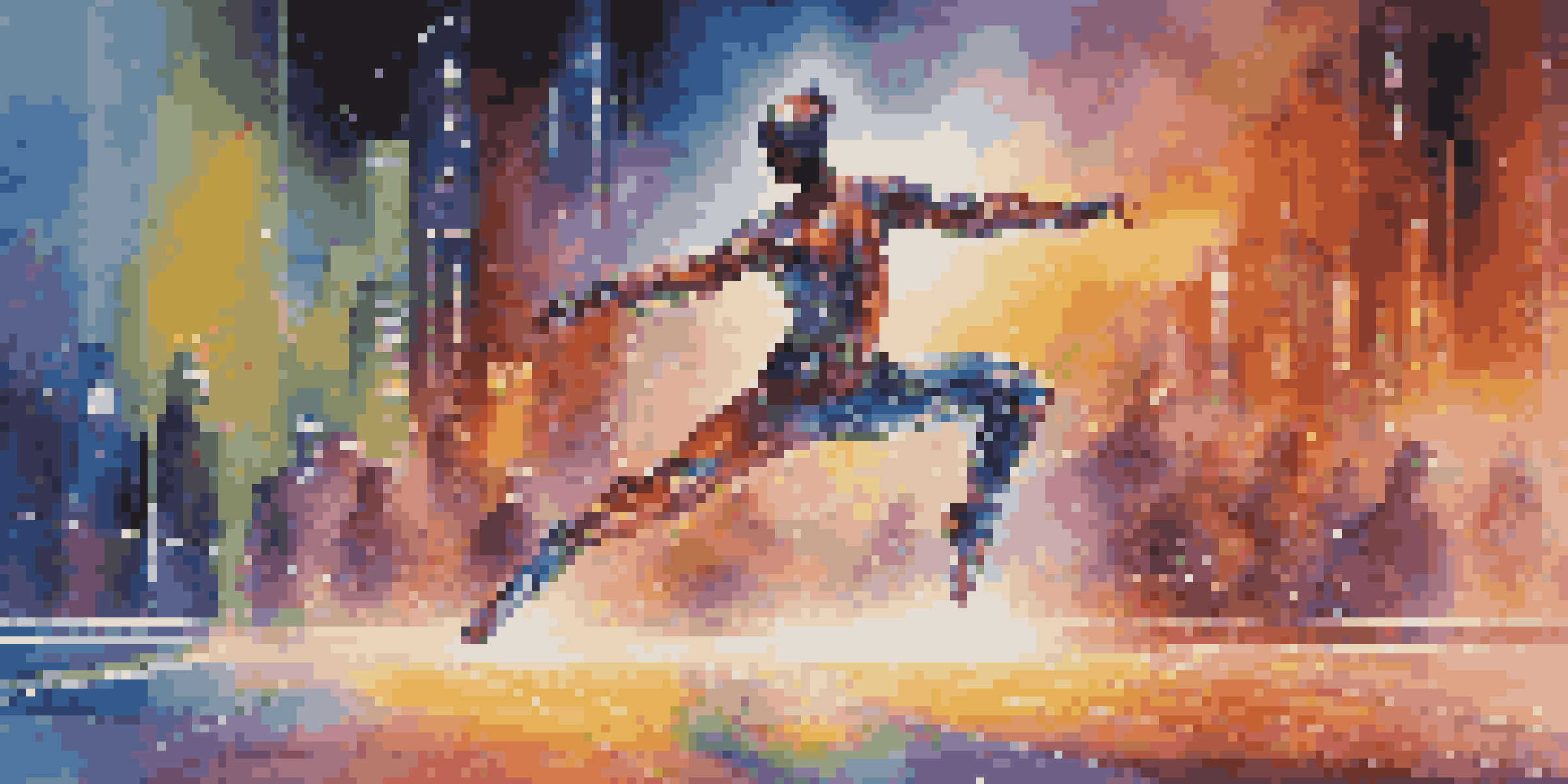 A human dancer in a colorful costume performing beside a metallic robotic dancer, with a vibrant futuristic background.