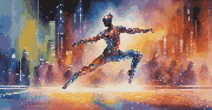 A human dancer in a colorful costume performing beside a metallic robotic dancer, with a vibrant futuristic background.