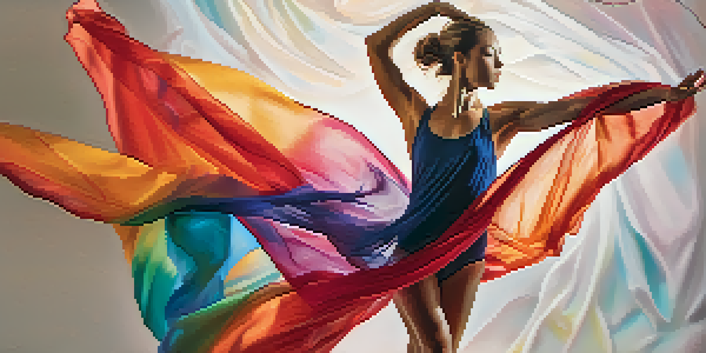 A dancer performing a contemporary dance pose with flowing fabric in a colorful abstract background.