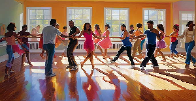A lively salsa dance class in a bright studio with diverse dancers in colorful outfits.