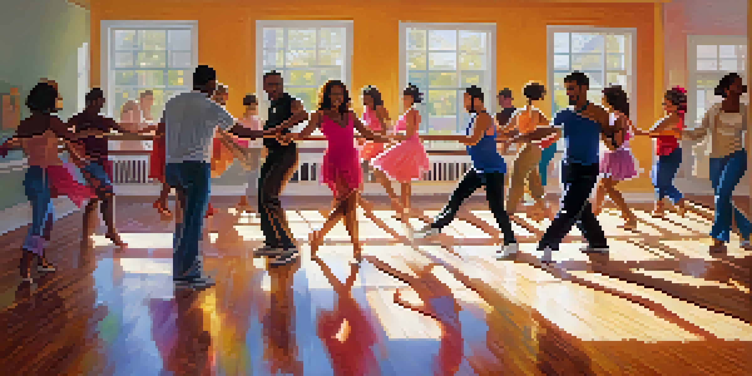 A lively salsa dance class in a bright studio with diverse dancers in colorful outfits.