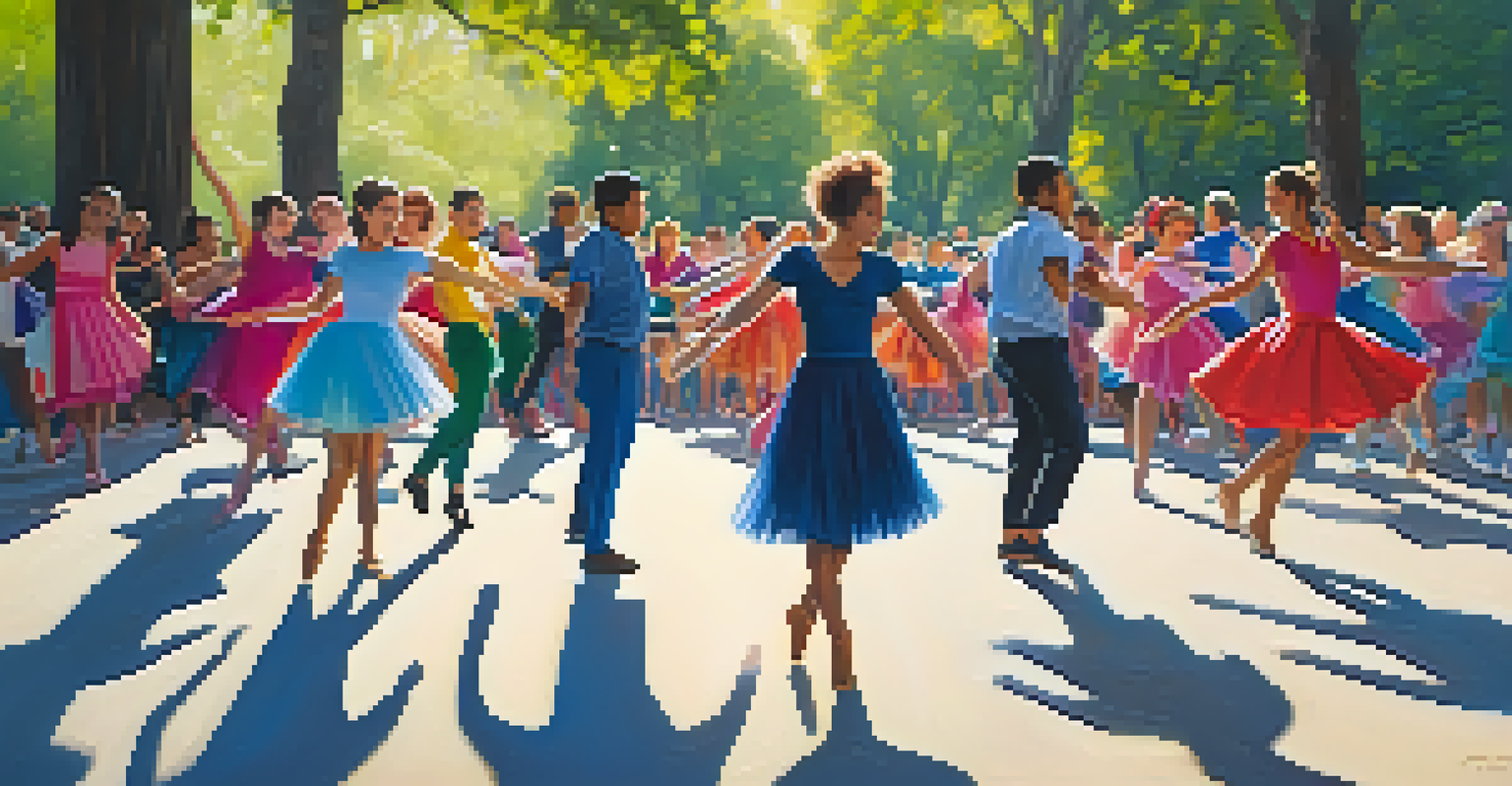 Participants practicing a dance routine in a park, smiling and wearing colorful costumes, with sunlight filtering through trees.