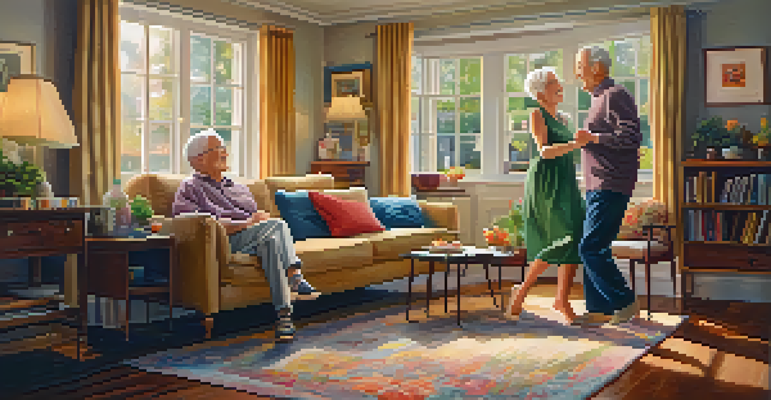 An elderly couple dancing joyfully in a cozy living room filled with personal touches and warm lighting.