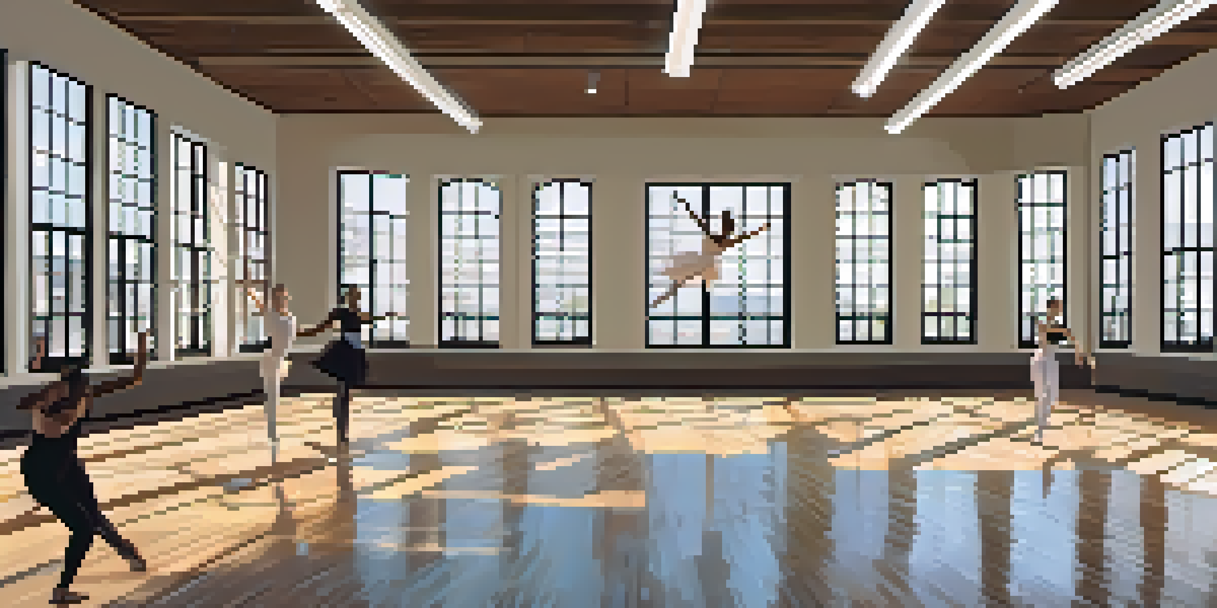 A spacious dance studio with dancers of different ethnicities practicing various dance styles, illuminated by sunlight through large windows.