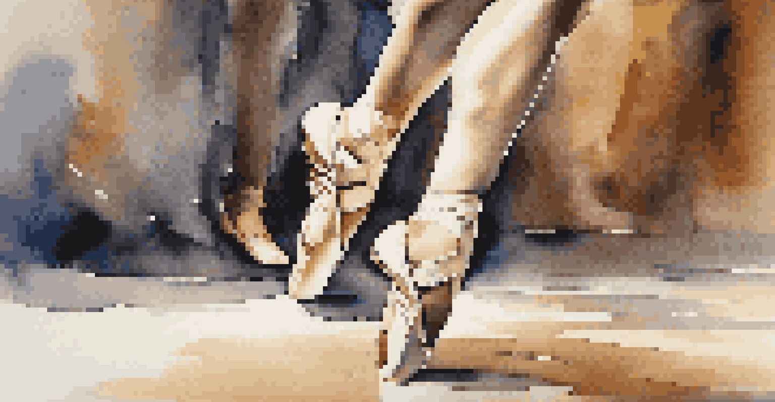 A dancer's feet in motion on stage, highlighting the details of their shoes and the textured stage floor, with a blurred background.