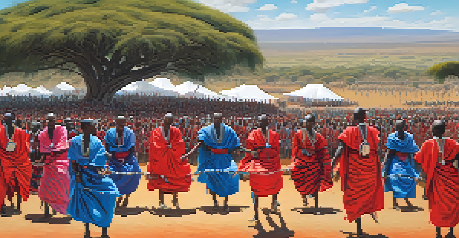 A Maasai community performing the Adumu dance in traditional bright attire against an African landscape with acacia trees and a blue sky.
