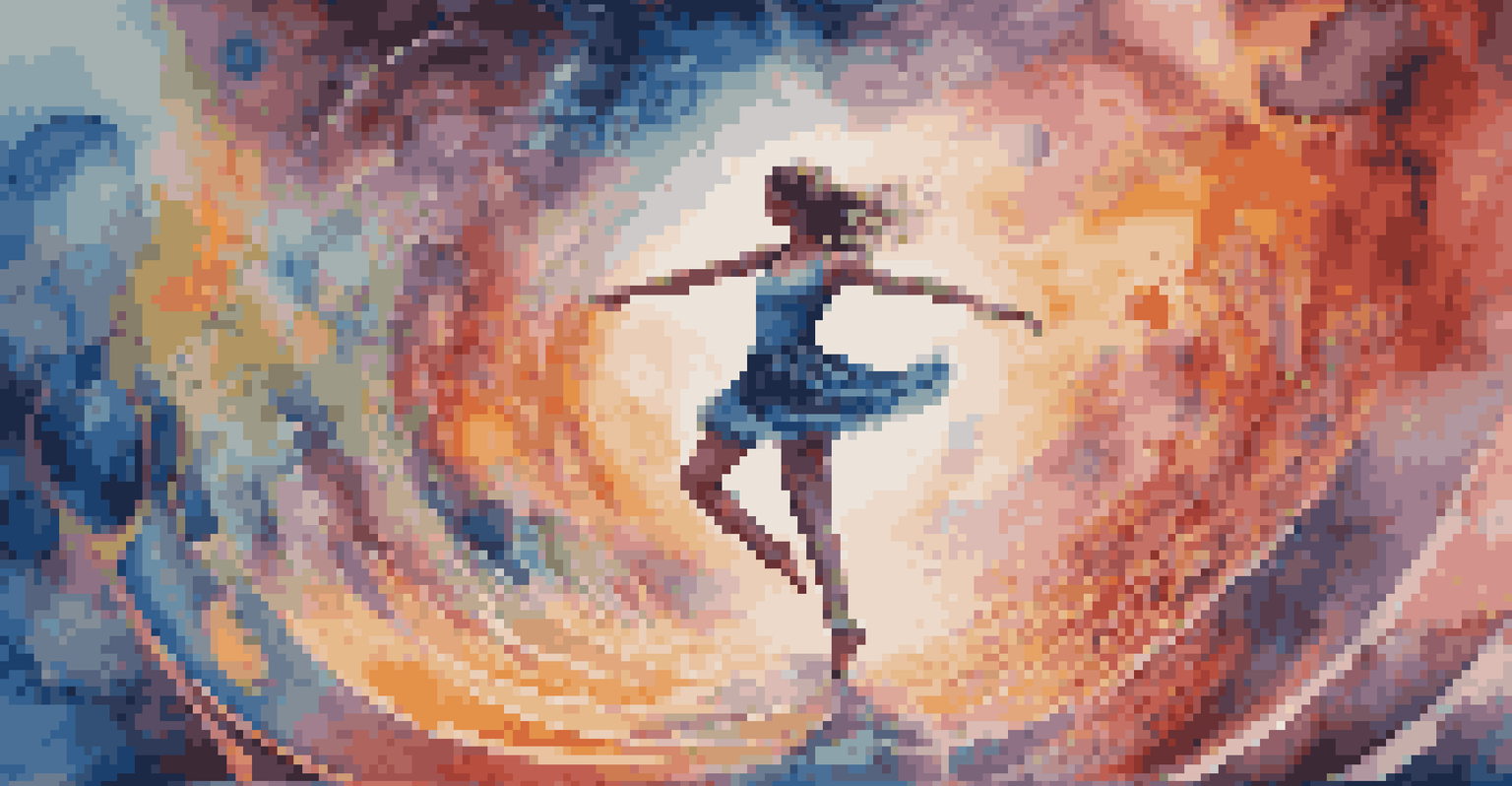 A dancer in a surreal digital landscape, surrounded by colorful patterns and shapes in a virtual reality experience.