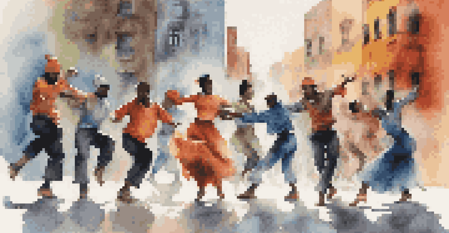 A modern dance performance blending hip-hop and traditional styles against a colorful street art backdrop.