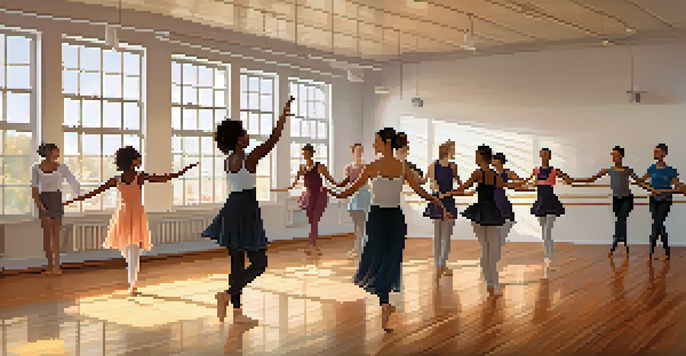 A diverse group of people participating in a dance therapy session in a bright dance studio, showcasing various emotional expressions.