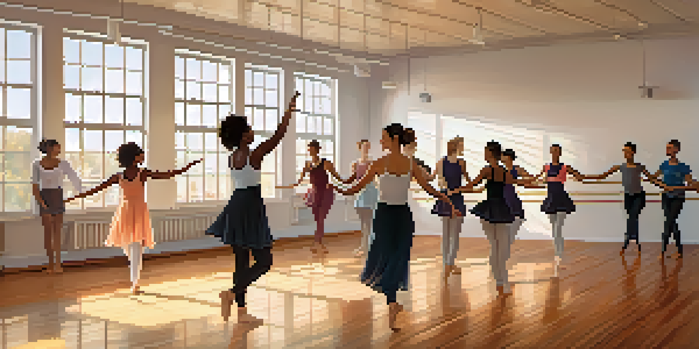 A diverse group of people participating in a dance therapy session in a bright dance studio, showcasing various emotional expressions.