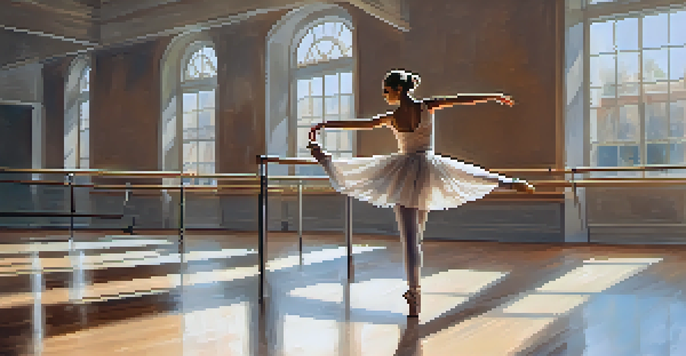 An older female dancer stretching at the barre in a well-lit dance studio with wooden floors and mirrors.