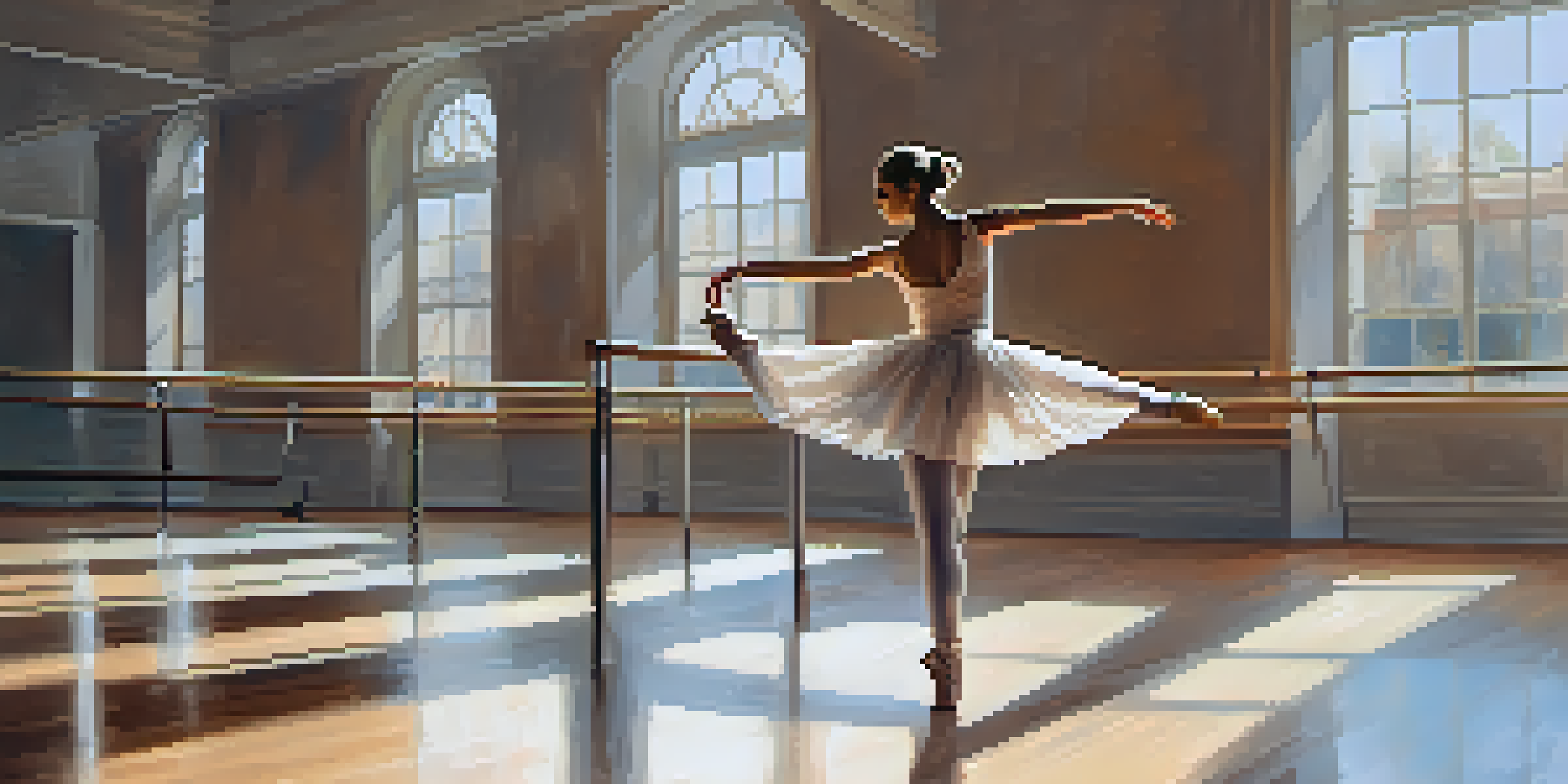 An older female dancer stretching at the barre in a well-lit dance studio with wooden floors and mirrors.