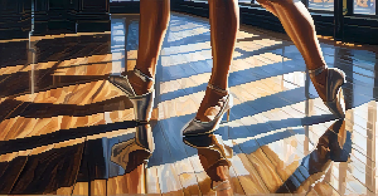 Close-up of a dancer's feet performing intricate dance steps on a polished wooden floor, with warm lighting highlighting the textures.