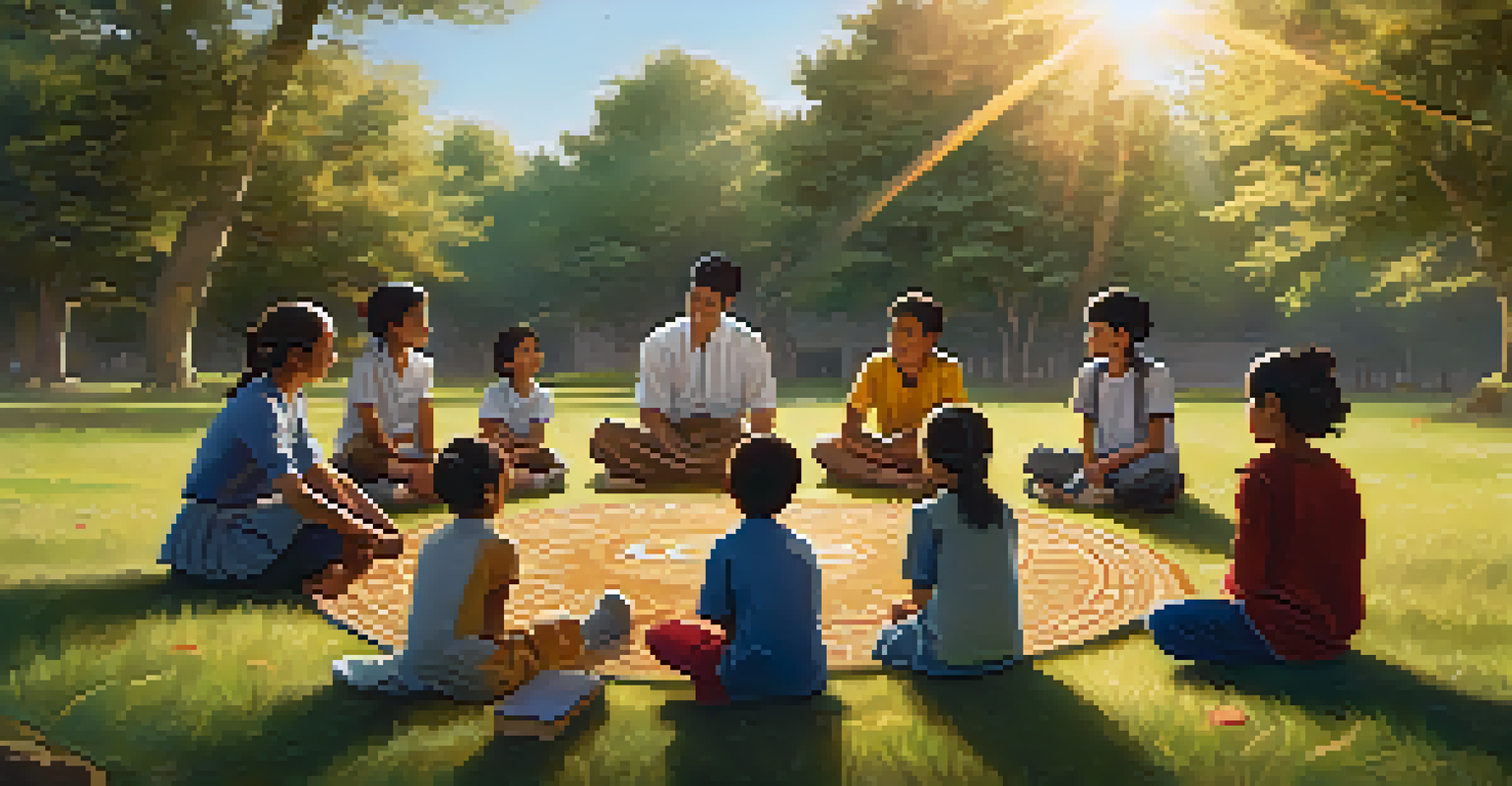 A teacher sharing traditional games with children sitting in a circle on a grassy field, surrounded by nature and warm sunlight.