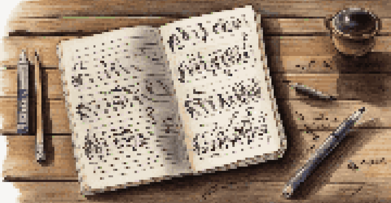 A notebook open to dance notation sketches on a rustic wooden table, with a pencil beside it.