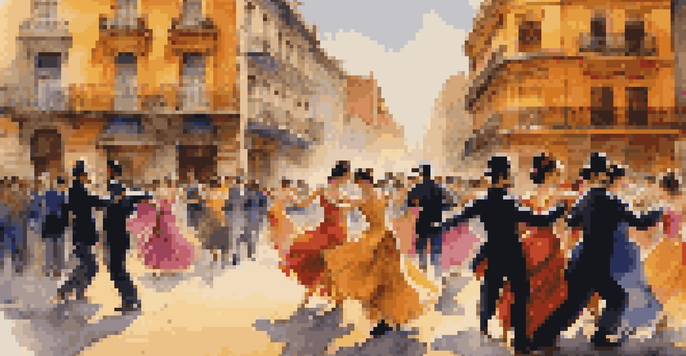 A lively street scene in Buenos Aires featuring traditional tango dancers in colorful outfits, with historic buildings and a warm sunset light.