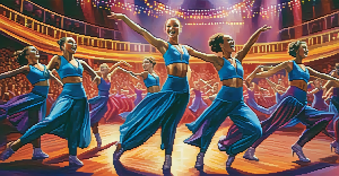 A group of dancers performing in colorful costumes on stage, with bright lights and an enthusiastic audience in the background.