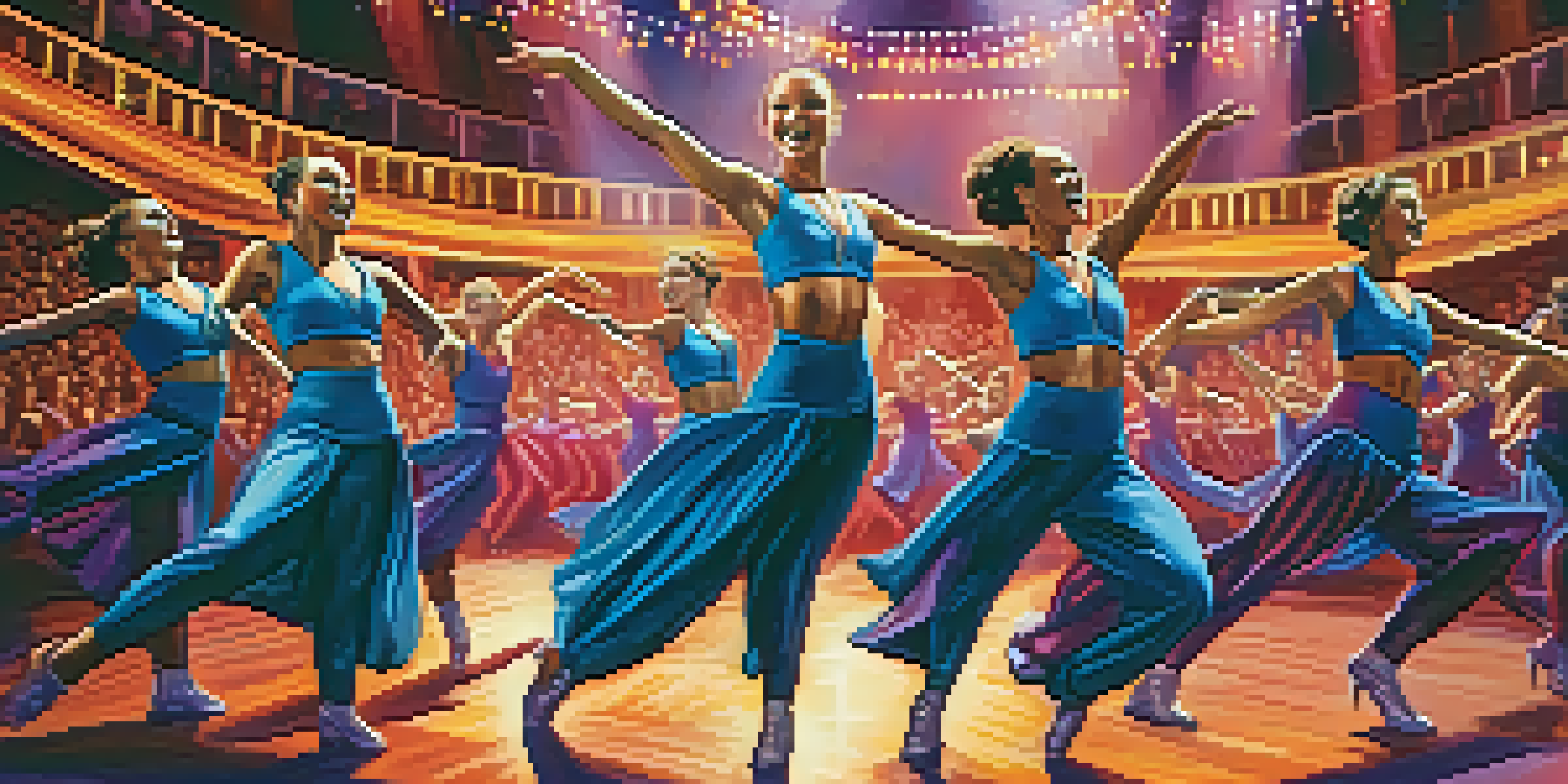 A group of dancers performing in colorful costumes on stage, with bright lights and an enthusiastic audience in the background.
