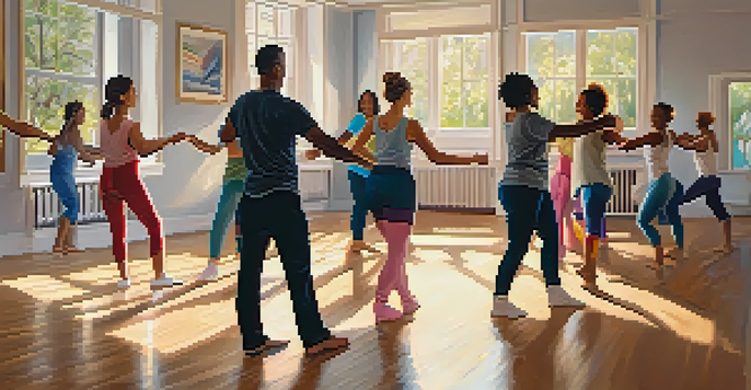 A diverse group of people joyfully dancing in a bright and airy dance studio with wooden floors and large mirrors.
