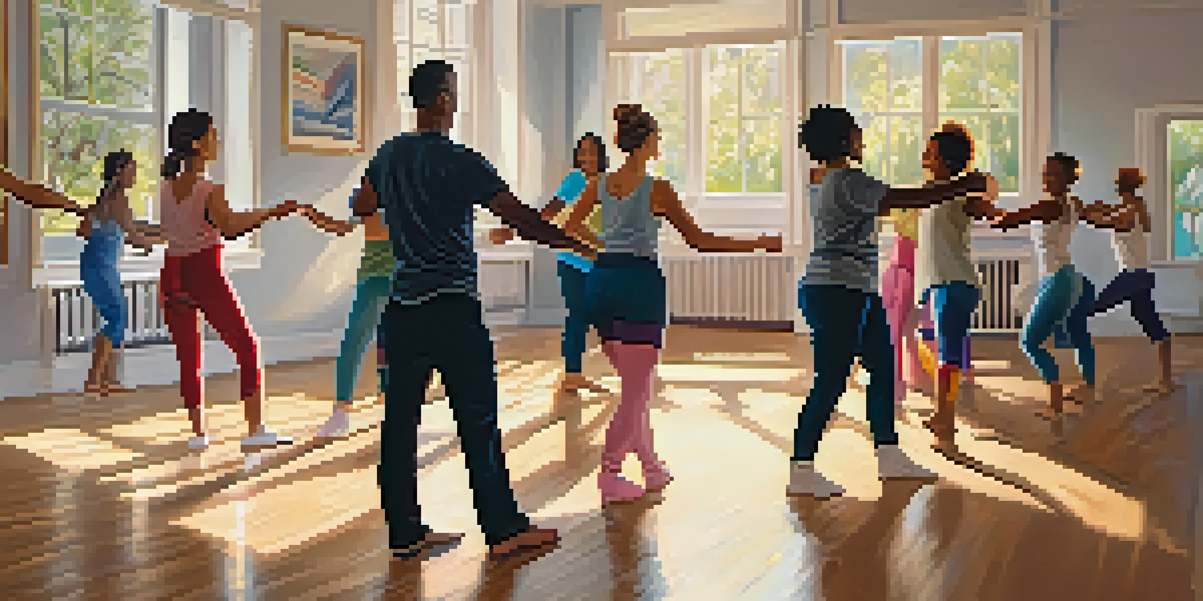 A diverse group of people joyfully dancing in a bright and airy dance studio with wooden floors and large mirrors.