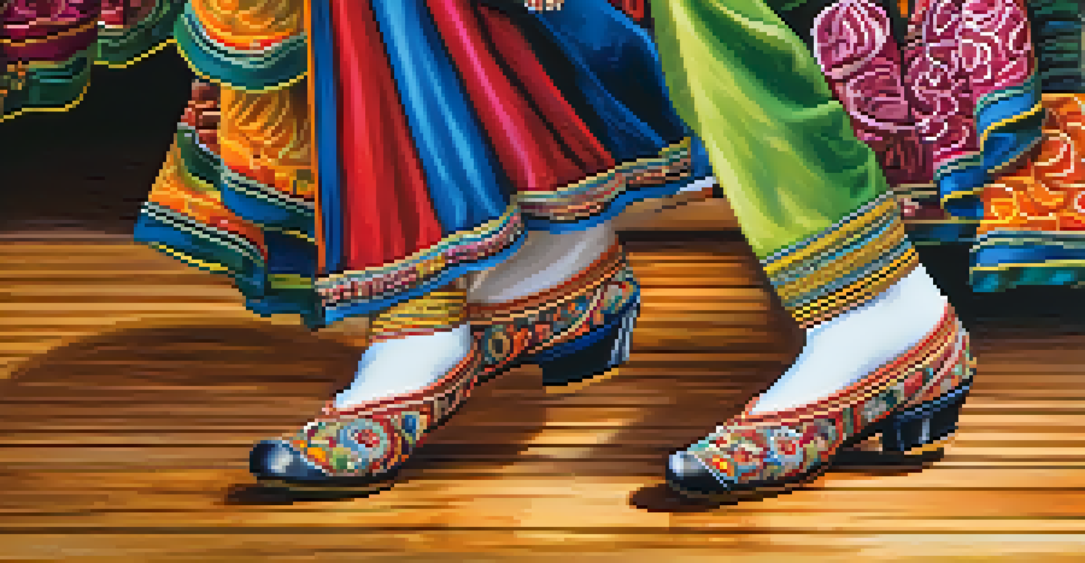A close-up of beautifully crafted traditional dance footwear with intricate designs, placed on a wooden floor surrounded by flower petals.