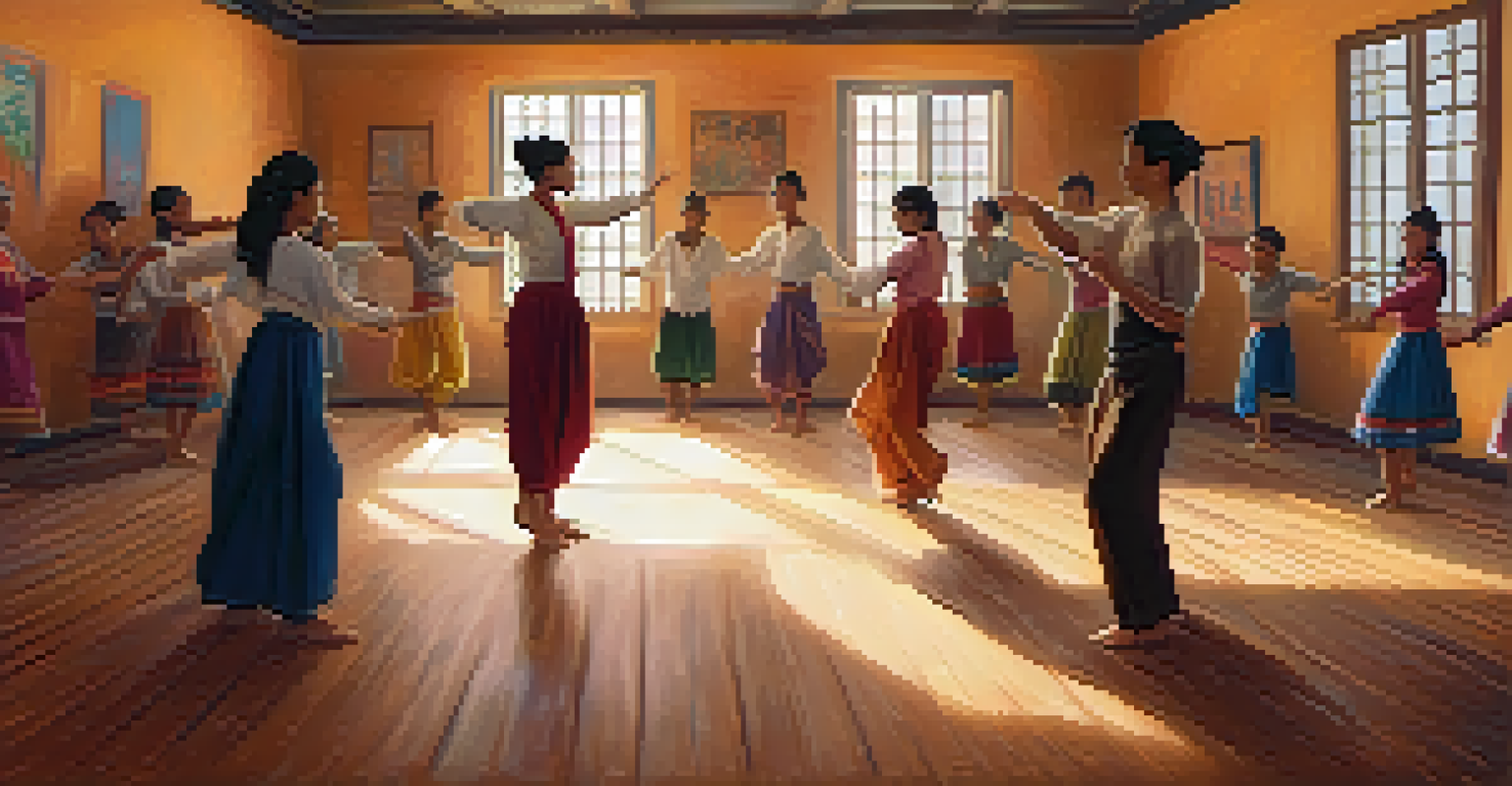 A dance teacher demonstrating a move to attentive students in a cozy workshop, surrounded by cultural decorations and soft lighting.