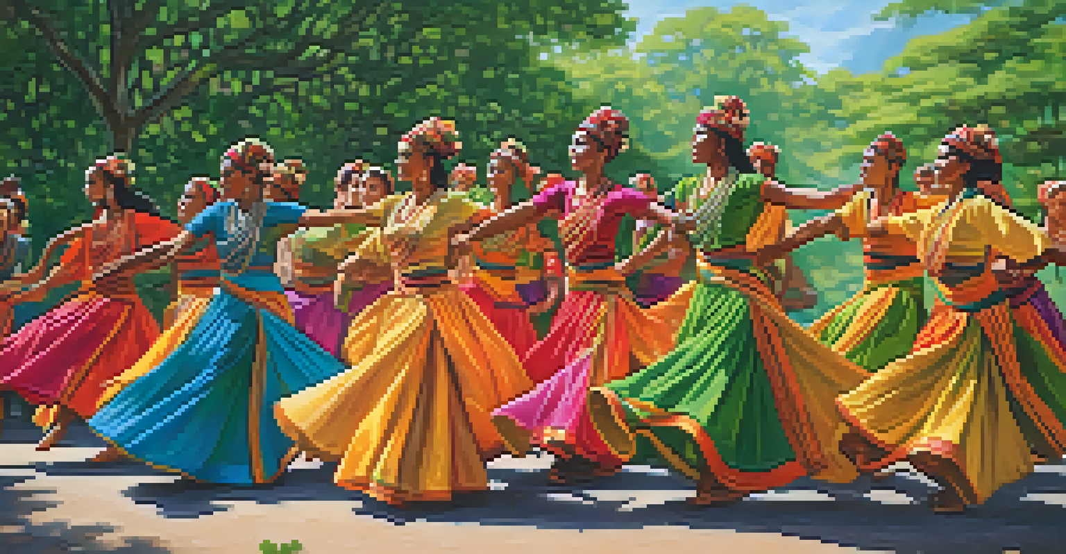 A diverse group of dancers in colorful costumes performing together in a green outdoor setting.