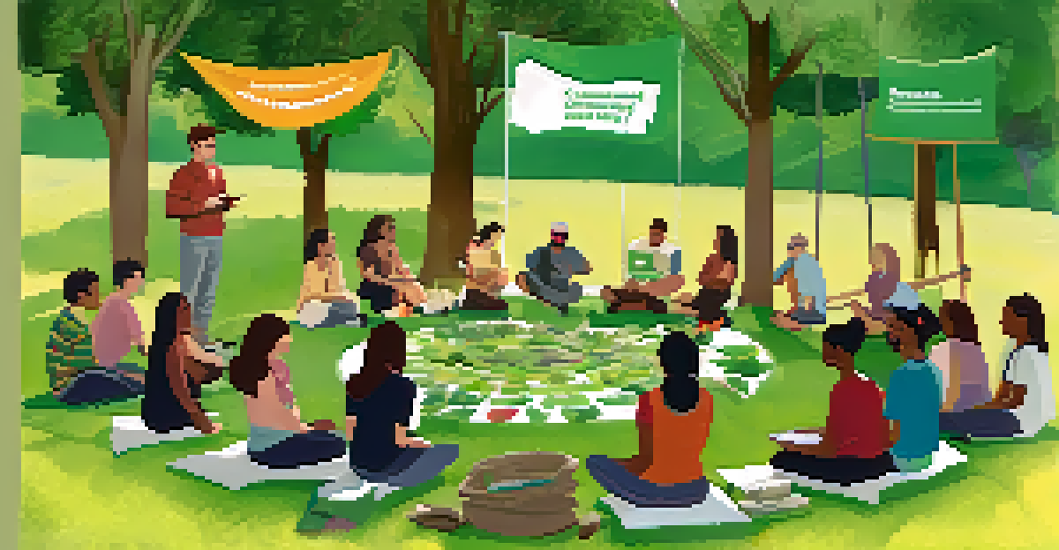 Attendees participating in an educational workshop on sustainability at a dance festival, sitting on the grass with colorful banners in the background.