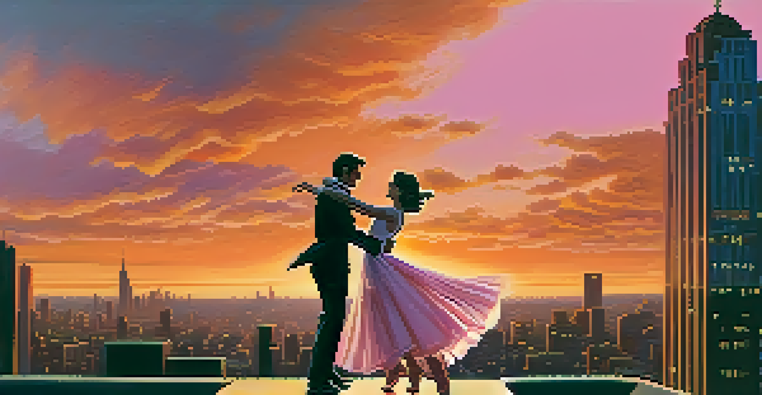 A couple dancing on a rooftop at sunset with a city skyline in the background, showcasing elegance and connection.
