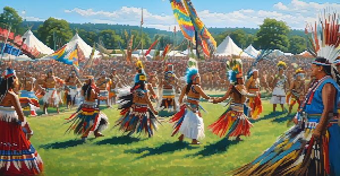 A lively Powwow event featuring Native American dancers in traditional clothing, with spectators and colorful decorations in a green field under a blue sky.