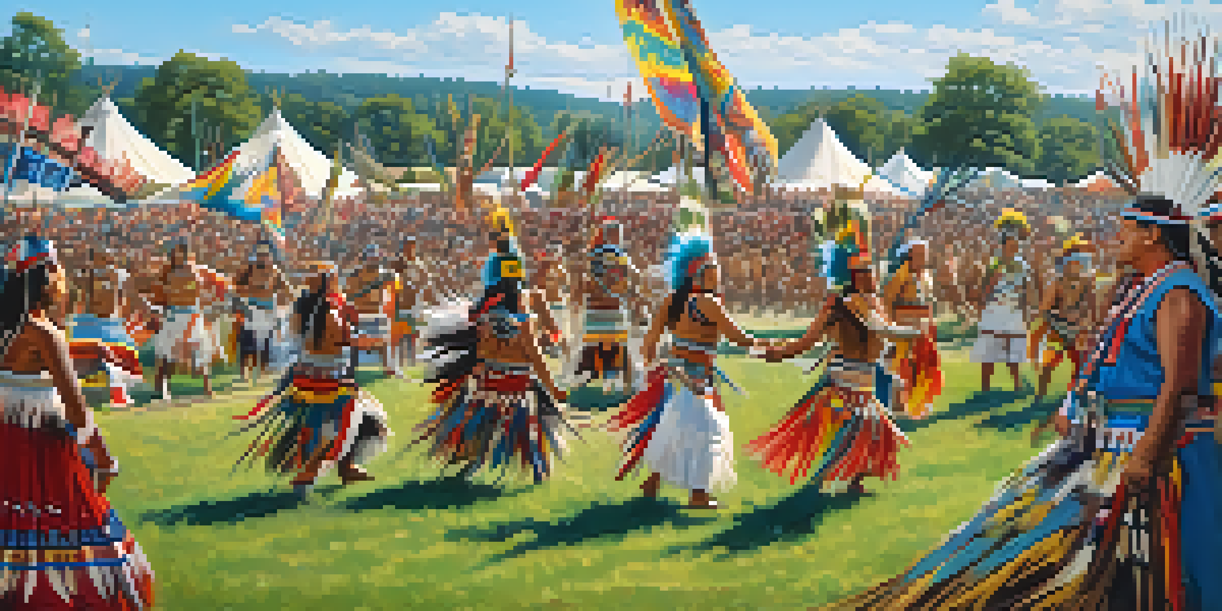 A lively Powwow event featuring Native American dancers in traditional clothing, with spectators and colorful decorations in a green field under a blue sky.