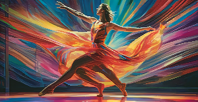 A group of dancers performing on stage with colorful digital art in the background, showcasing vibrant costumes and expressive movements.