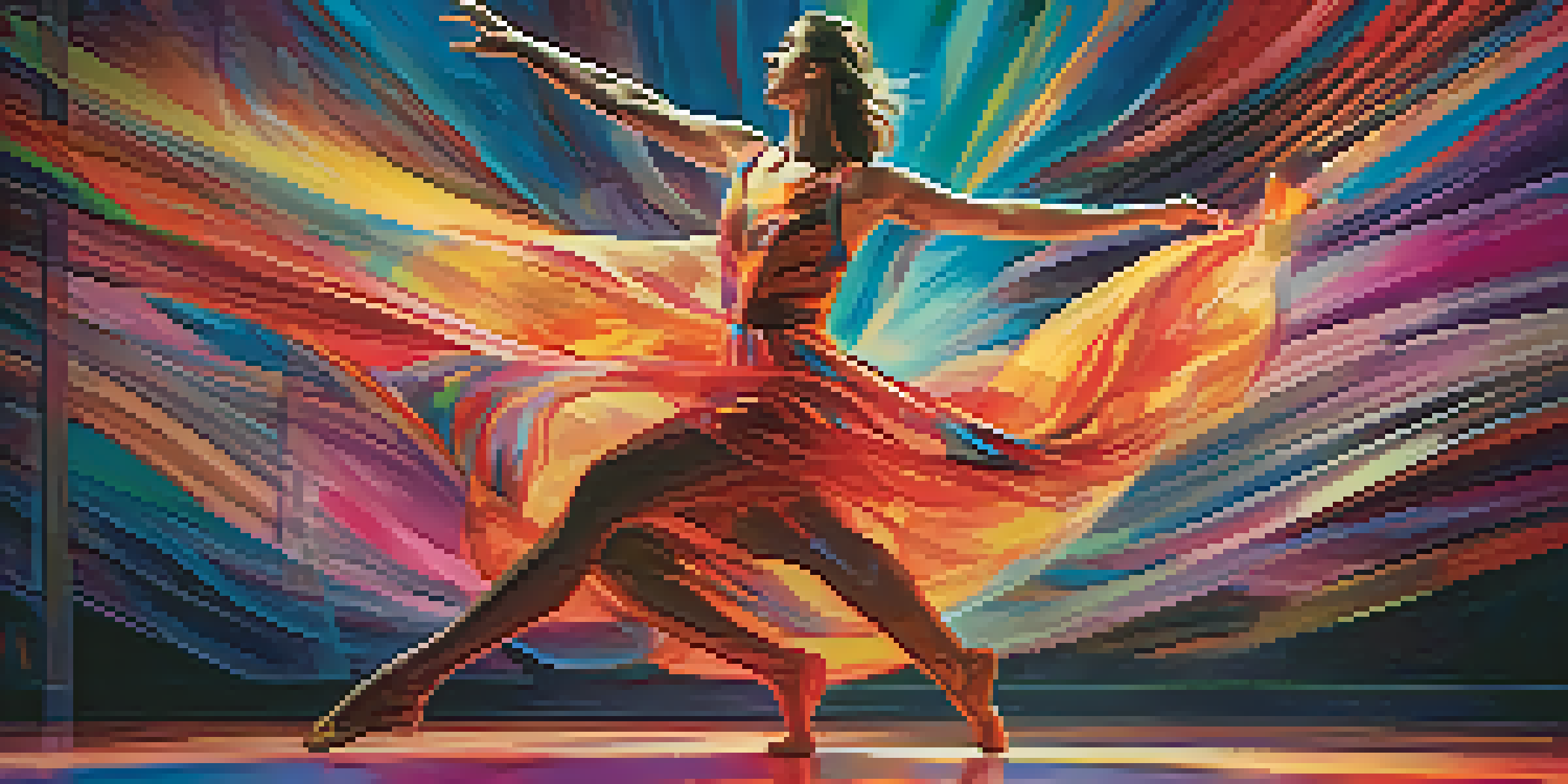 A group of dancers performing on stage with colorful digital art in the background, showcasing vibrant costumes and expressive movements.