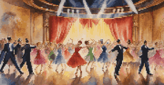 Dancers performing on a colorful stage with 1940s costumes, surrounded by an engaged audience in a classic Hollywood musical.