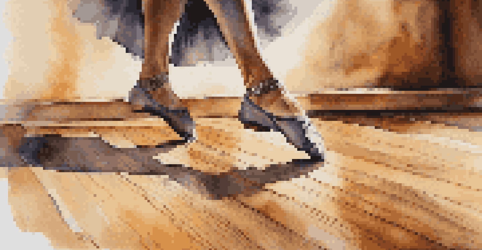 A close-up view of a dancer's feet on a polished wooden stage, highlighting the intricate movements and textures of their shoes in warm lighting.