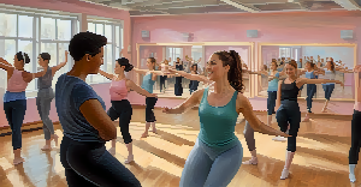 A dance instructor leading a class, with participants enthusiastically following along in a bright, pastel-colored studio filled with mirrors.