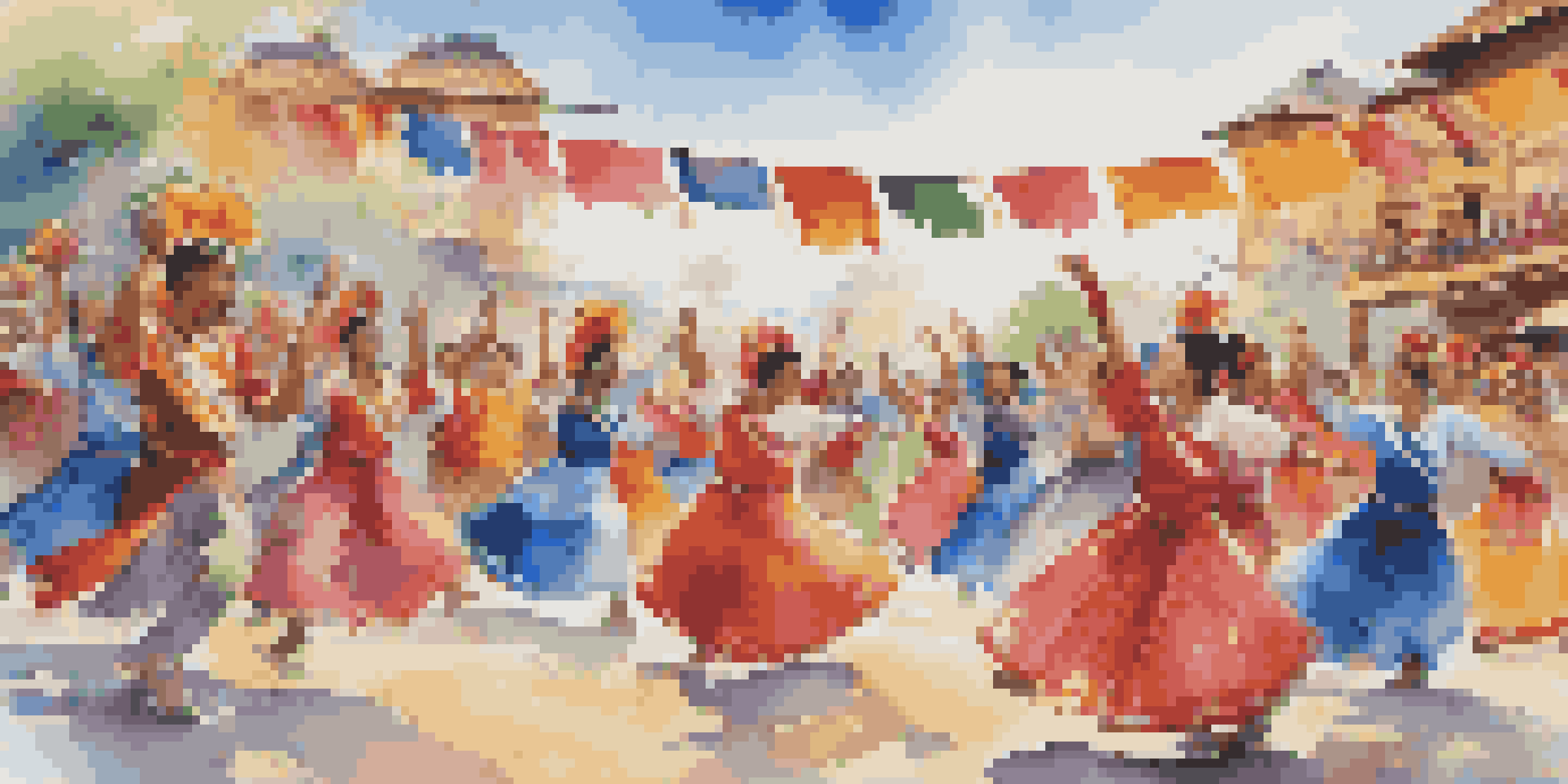 A lively outdoor dance festival with diverse dancers in colorful costumes performing under a blue sky, with an audience enjoying the show.