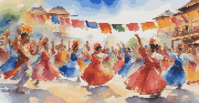 A lively outdoor dance festival with diverse dancers in colorful costumes performing under a blue sky, with an audience enjoying the show.
