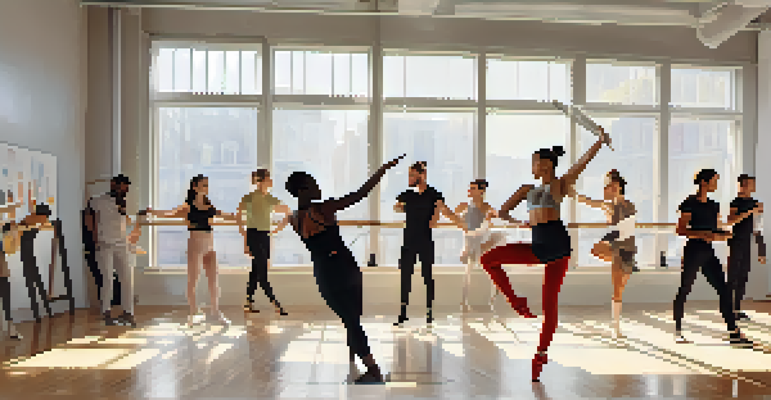 A group of dancers discussing performance data while wearing wearable tech devices in a bright dance studio.