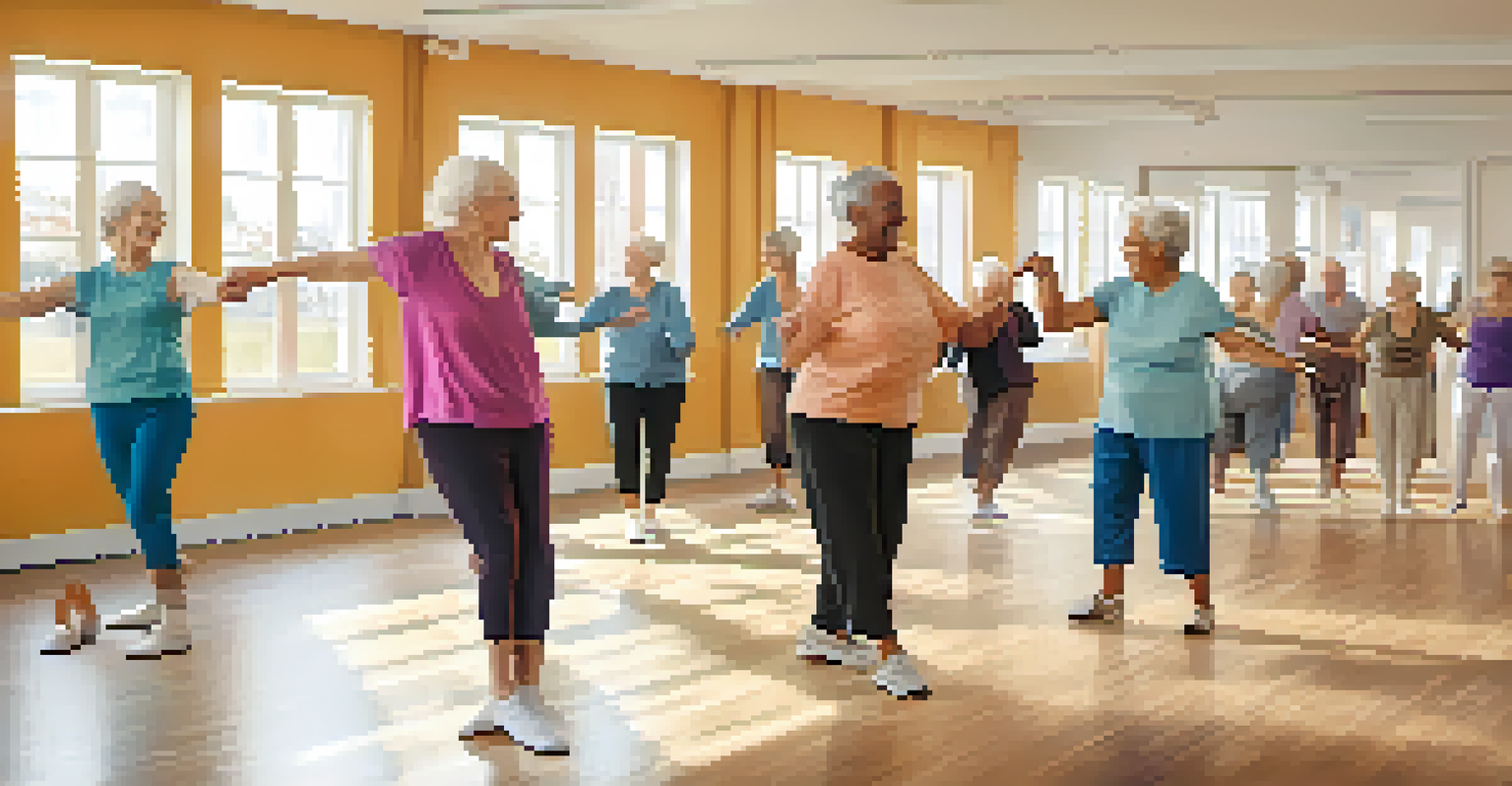 Seniors participating in a dance class in a bright studio, following an instructor with mirrors reflecting their movements.