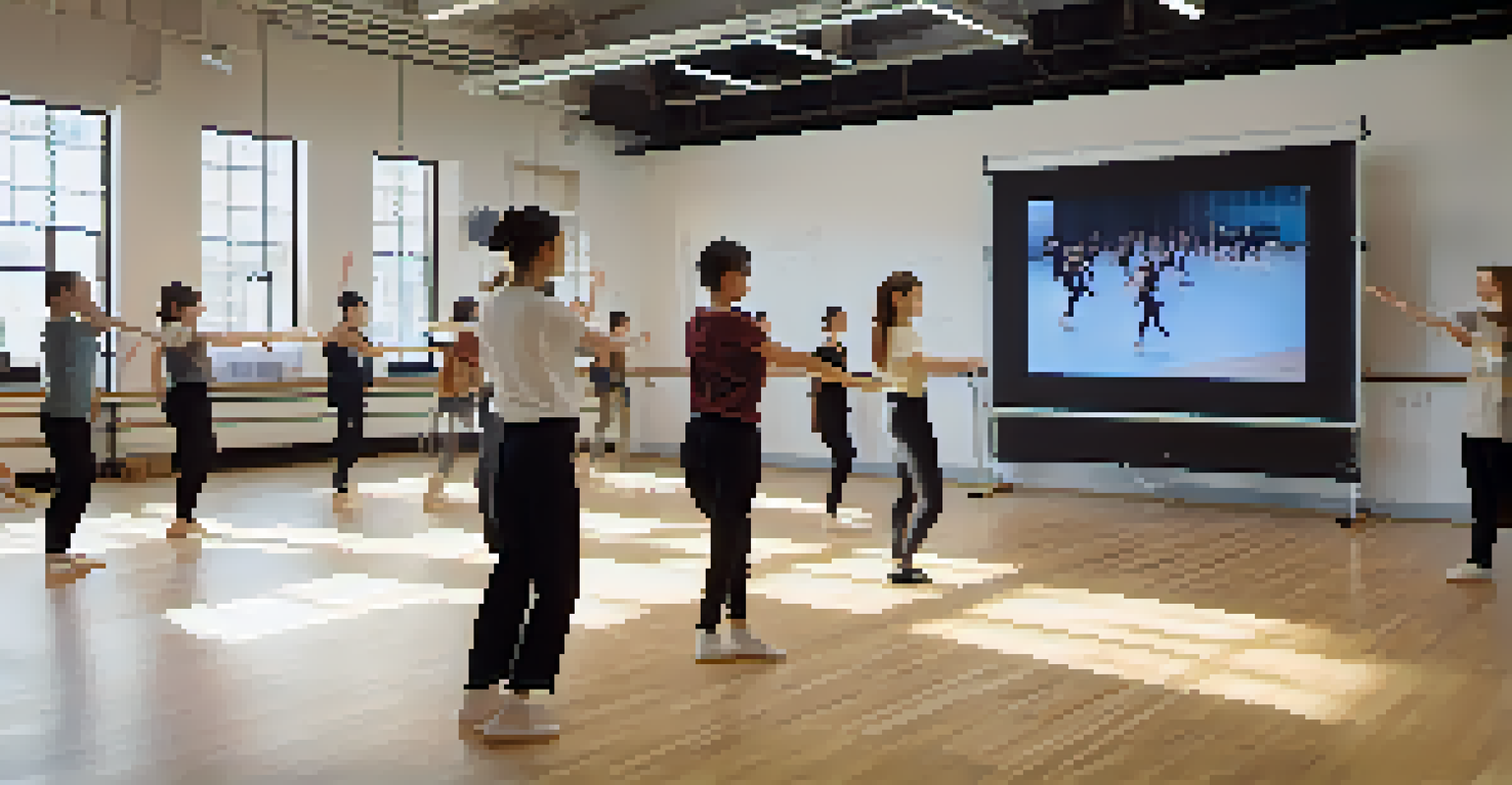 A dance class featuring technology and visual aids, with students practicing various techniques under the guidance of an instructor.